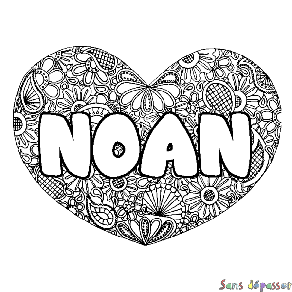 Coloriage prénom NOAN - d&eacute;cor Mandala coeur