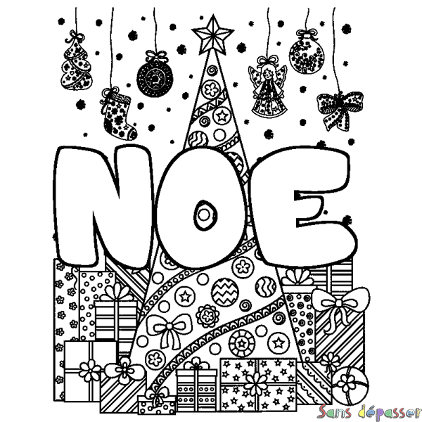 Coloriage prénom NOE - d&eacute;cor Sapin et Cadeaux