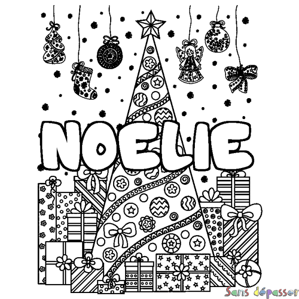 Coloriage prénom NOELIE - d&eacute;cor Sapin et Cadeaux