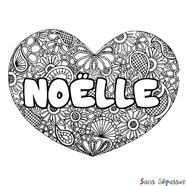 Coloriage prénom NO&Euml;LLE - d&eacute;cor Mandala coeur