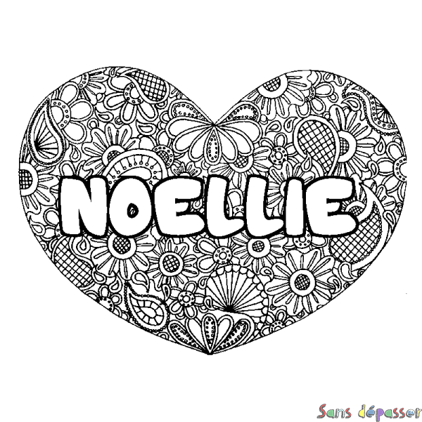 Coloriage prénom NOELLIE - d&eacute;cor Mandala coeur