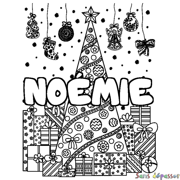 Coloriage prénom NO&Eacute;MIE - d&eacute;cor Sapin et Cadeaux