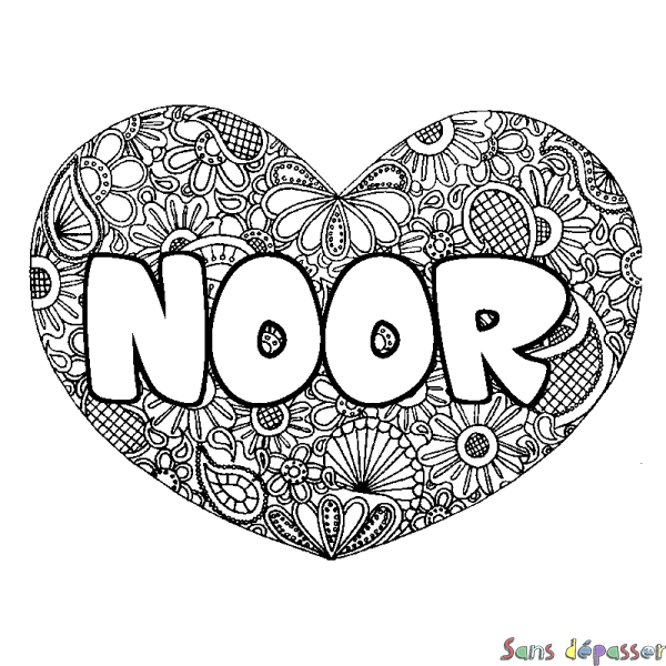 Coloriage prénom NOOR - d&eacute;cor Mandala coeur