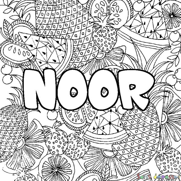 Coloriage prénom NOOR - d&eacute;cor Mandala fruits