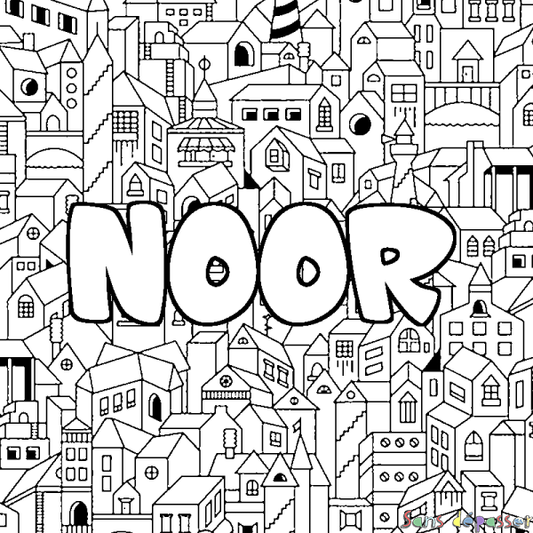 Coloriage prénom NOOR - d&eacute;cor Ville