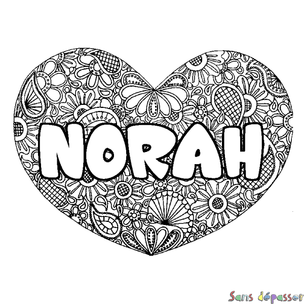 Coloriage prénom NORAH - d&eacute;cor Mandala coeur