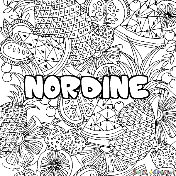 Coloriage prénom NORDINE - d&eacute;cor Mandala fruits