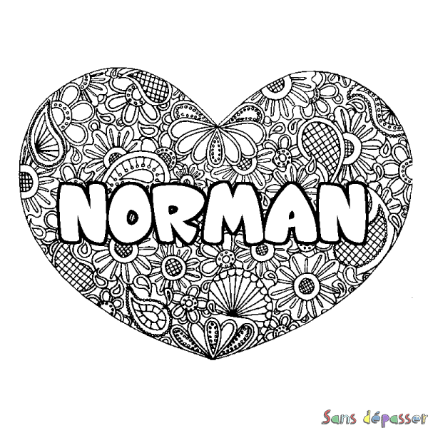 Coloriage prénom NORMAN - d&eacute;cor Mandala coeur