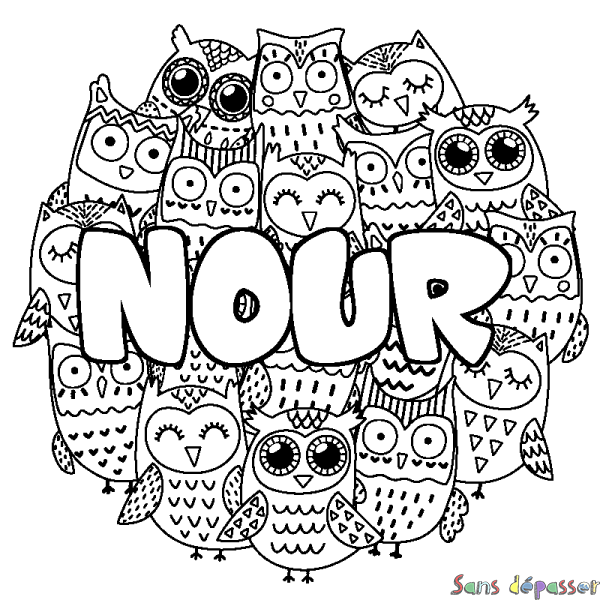 Coloriage prénom NOUR - d&eacute;cor Chouettes