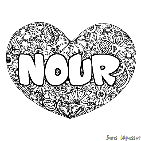 Coloriage prénom NOUR - d&eacute;cor Mandala coeur