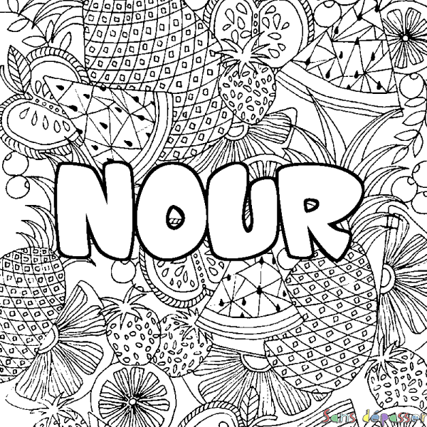 Coloriage prénom NOUR - d&eacute;cor Mandala fruits