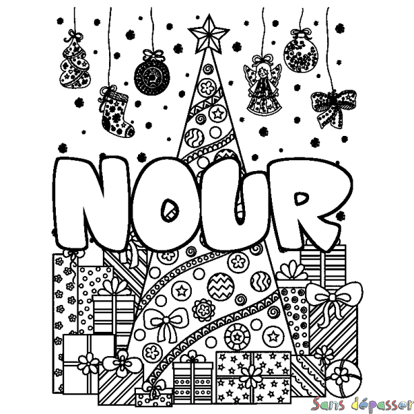 Coloriage prénom NOUR - d&eacute;cor Sapin et Cadeaux