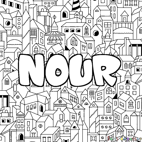 Coloriage prénom NOUR - d&eacute;cor Ville