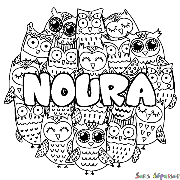 Coloriage prénom NOURA - d&eacute;cor Chouettes