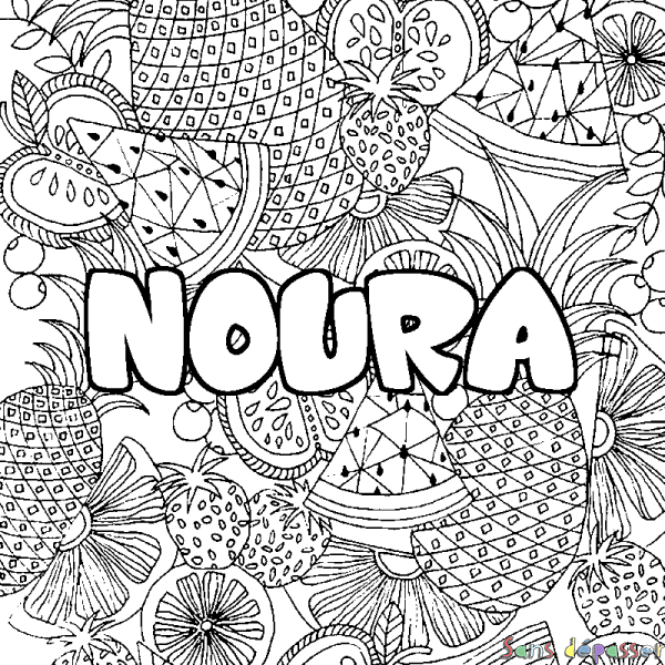 Coloriage prénom NOURA - d&eacute;cor Mandala fruits