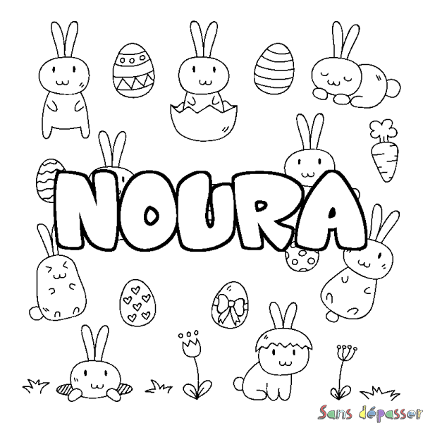 Coloriage prénom NOURA - d&eacute;cor Paques