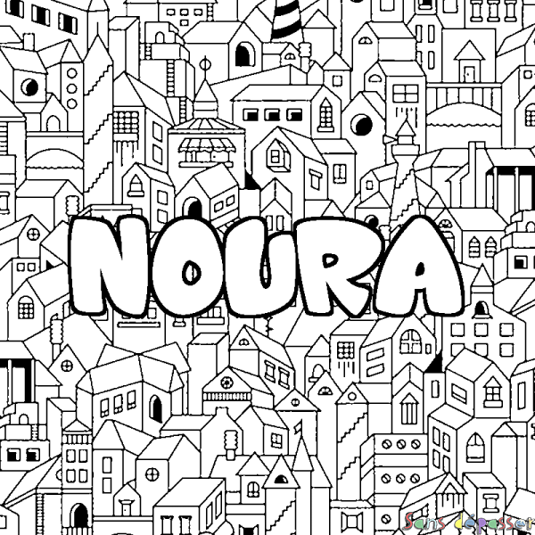 Coloriage prénom NOURA - d&eacute;cor Ville