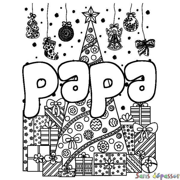 Coloriage prénom papa - d&eacute;cor Sapin et Cadeaux