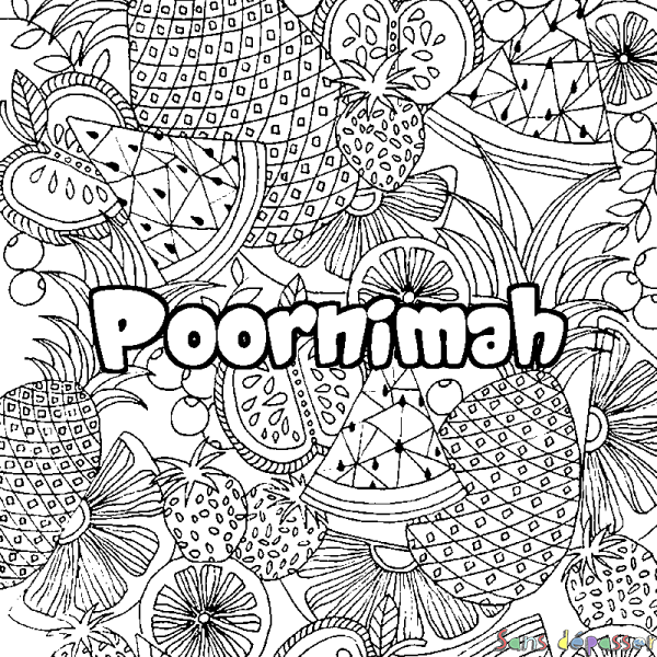 Coloriage prénom Poornimah - d&eacute;cor Mandala fruits