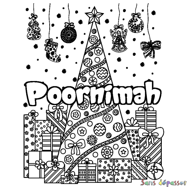 Coloriage prénom Poornimah - d&eacute;cor Sapin et Cadeaux