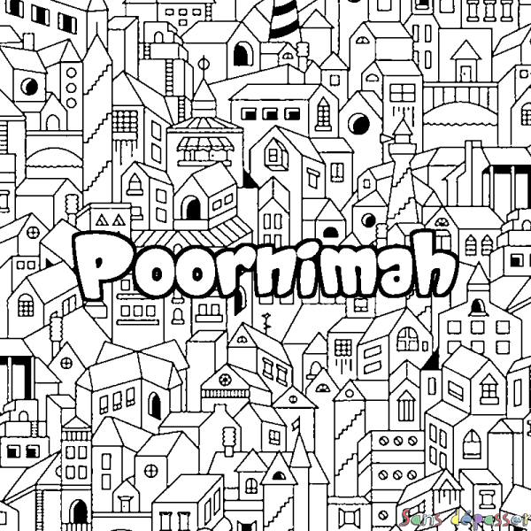 Coloriage prénom Poornimah - d&eacute;cor Ville