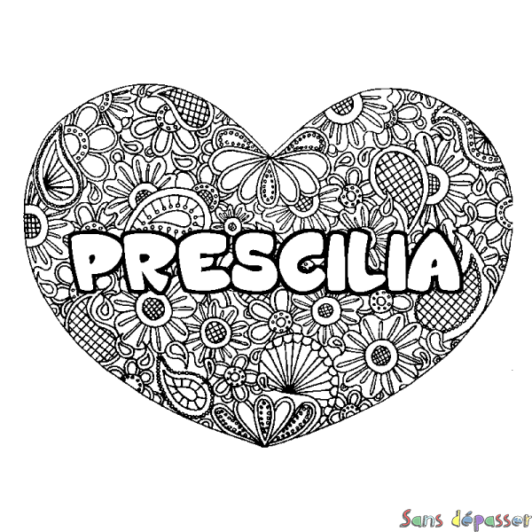 Coloriage prénom PRESCILIA - d&eacute;cor Mandala coeur