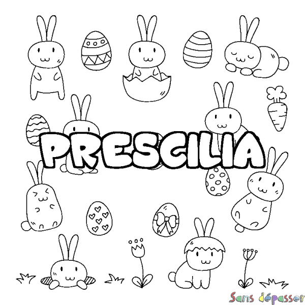 Coloriage prénom PRESCILIA - d&eacute;cor Paques