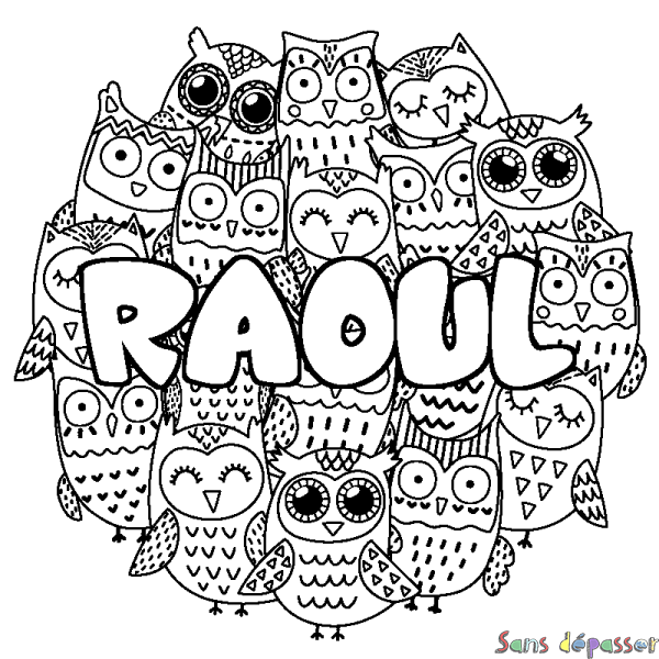 Coloriage prénom RAOUL - d&eacute;cor Chouettes