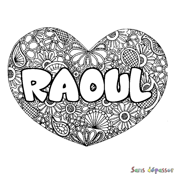 Coloriage prénom RAOUL - d&eacute;cor Mandala coeur