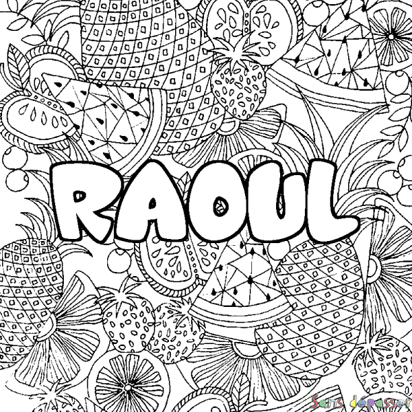 Coloriage prénom RAOUL - d&eacute;cor Mandala fruits