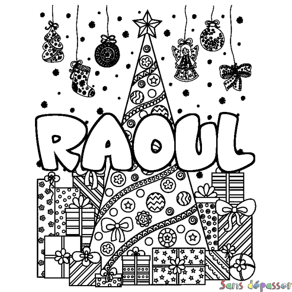 Coloriage prénom RAOUL - d&eacute;cor Sapin et Cadeaux