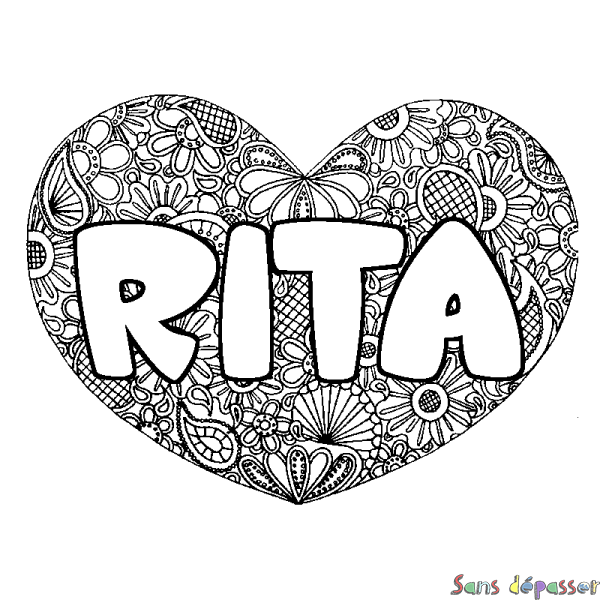 Coloriage prénom RITA - d&eacute;cor Mandala coeur