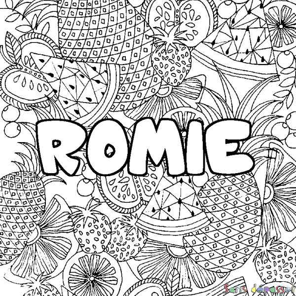 Coloriage prénom ROMIE - d&eacute;cor Mandala fruits