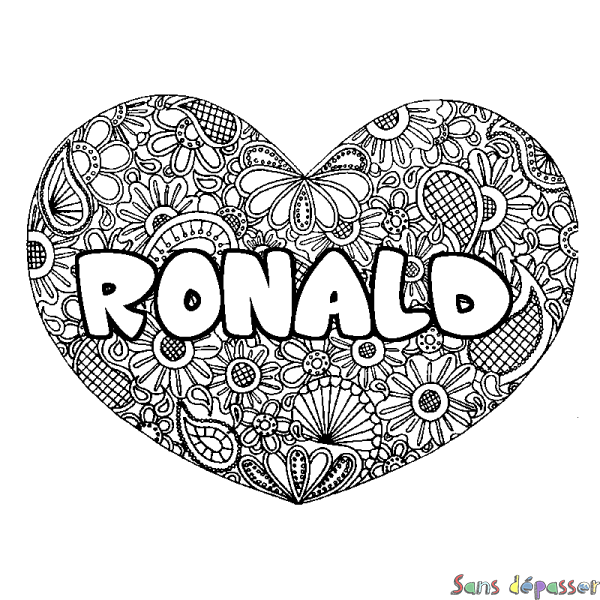 Coloriage prénom RONALD - d&eacute;cor Mandala coeur