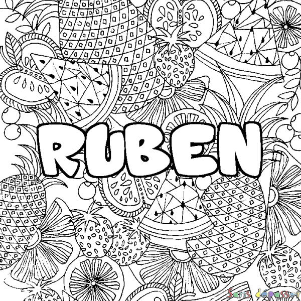 Coloriage prénom RUBEN - d&eacute;cor Mandala fruits