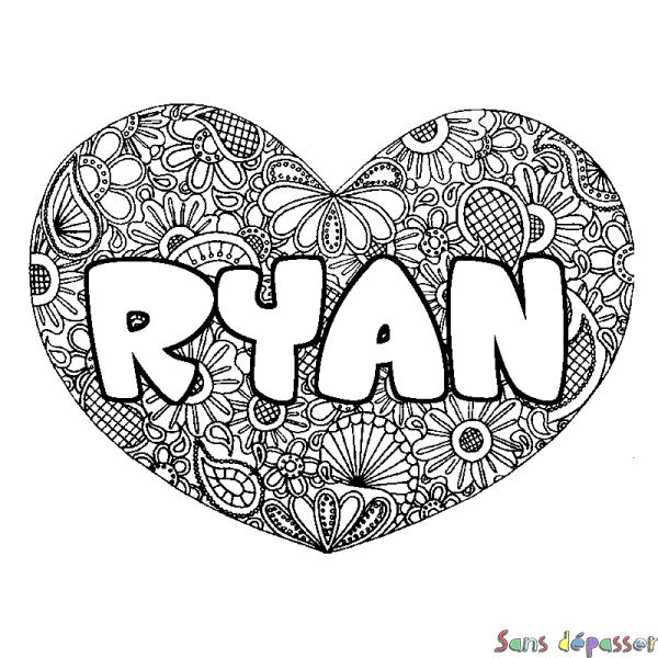 Coloriage prénom RYAN - d&eacute;cor Mandala coeur