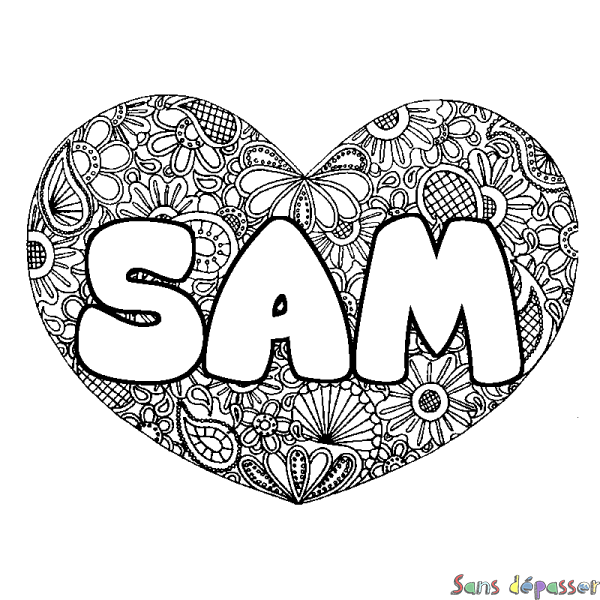 Coloriage prénom SAM - d&eacute;cor Mandala coeur