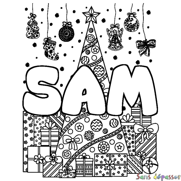 Coloriage prénom SAM - d&eacute;cor Sapin et Cadeaux