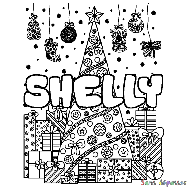 Coloriage prénom SHELLY - d&eacute;cor Sapin et Cadeaux