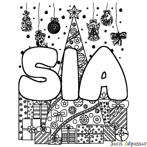 Coloriage prénom SIA - d&eacute;cor Sapin et Cadeaux