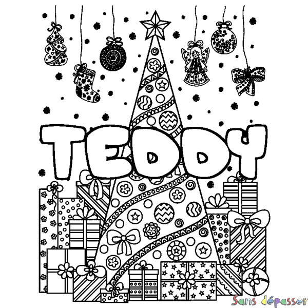 Coloriage prénom TEDDY - d&eacute;cor Sapin et Cadeaux