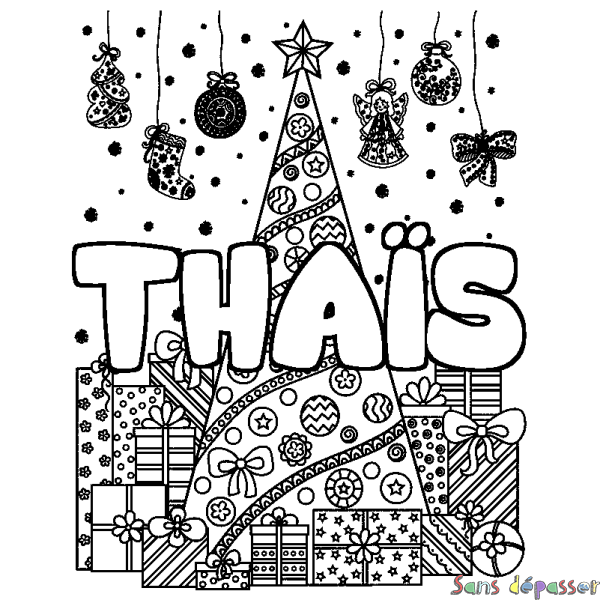 Coloriage prénom THA&Iuml;S - d&eacute;cor Sapin et Cadeaux