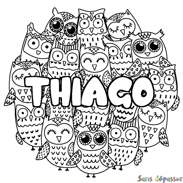 Coloriage prénom THIAGO - d&eacute;cor Chouettes