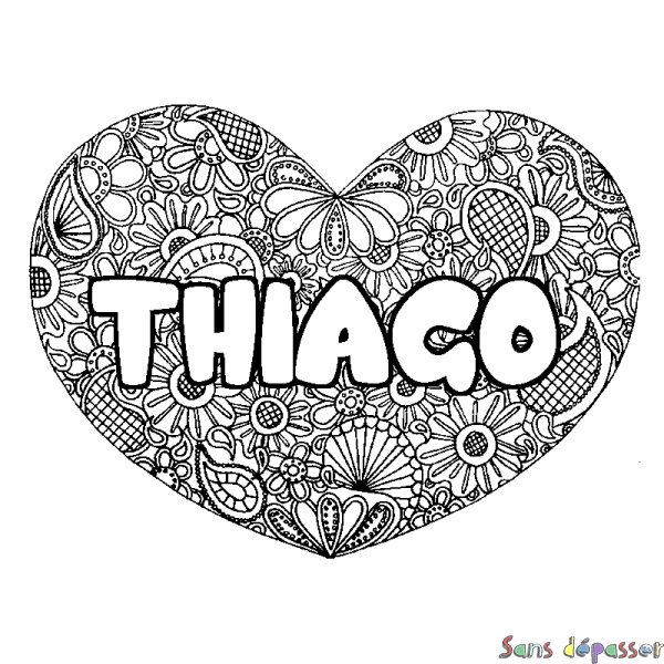 Coloriage prénom THIAGO - d&eacute;cor Mandala coeur