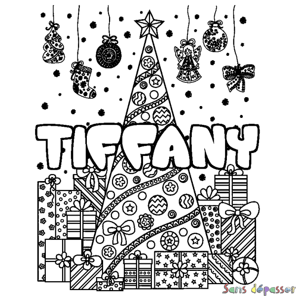 Coloriage prénom TIFFANY - d&eacute;cor Sapin et Cadeaux