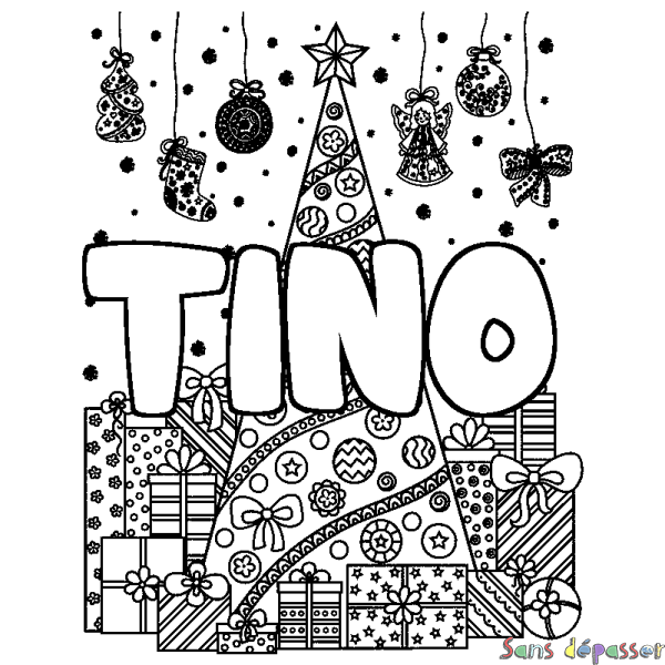 Coloriage prénom TINO - d&eacute;cor Sapin et Cadeaux