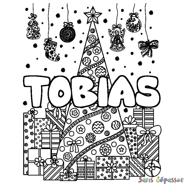 Coloriage prénom TOBIAS - d&eacute;cor Sapin et Cadeaux