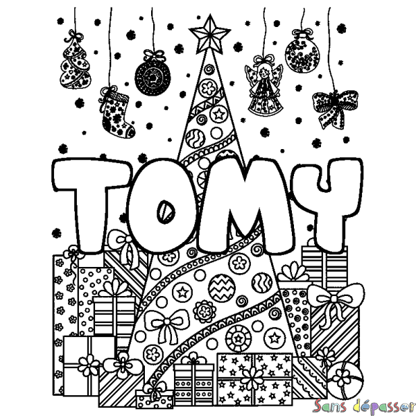 Coloriage prénom TOMY - d&eacute;cor Sapin et Cadeaux