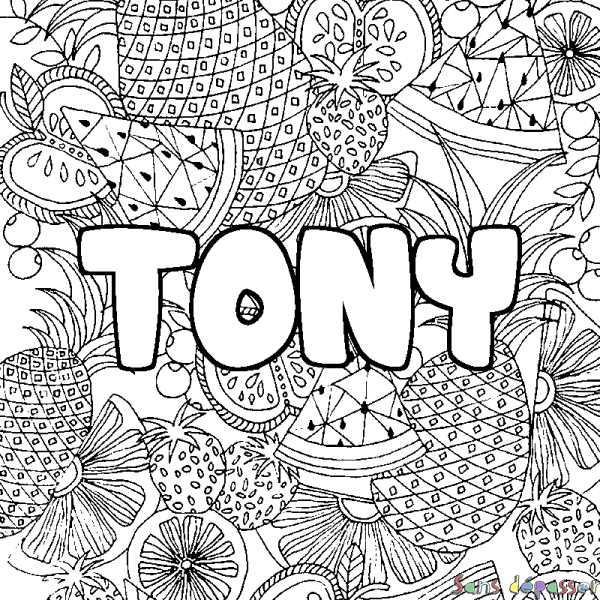 Coloriage prénom TONY - d&eacute;cor Mandala fruits