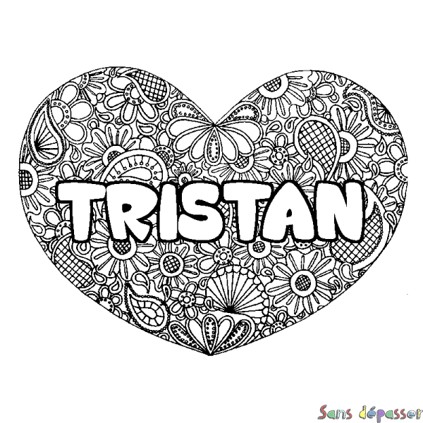 Coloriage prénom TRISTAN - d&eacute;cor Mandala coeur